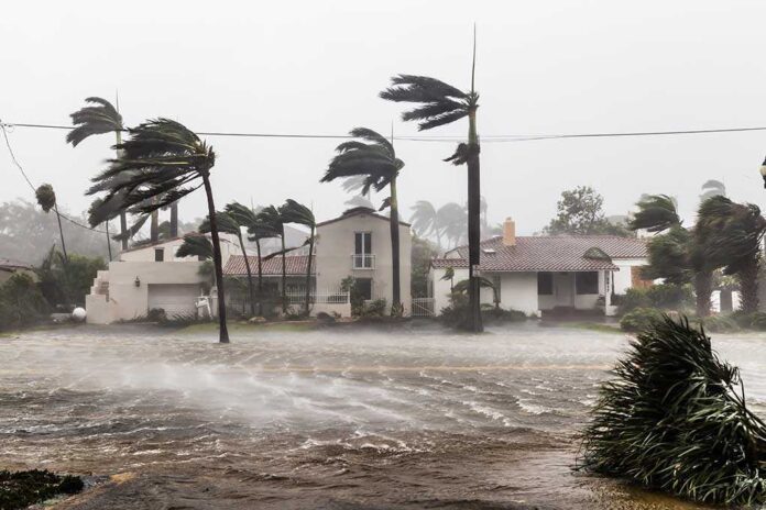 1256683165 featured image Houses and trees battered by strong winds and rain.