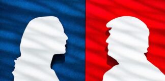 Two white silhouettes facing each other, divided background.