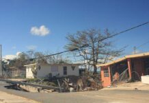Collapsed road with damaged houses and fallen utility poles.