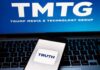 "TMTG and Truth Social logos on screen and phone."