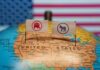 Republican and Democratic flags on USA map background.