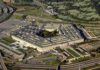Aerial view of a large five sided building