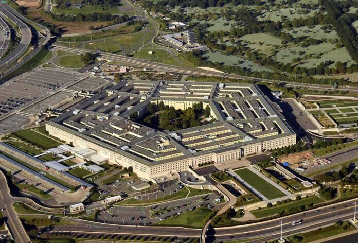 Aerial view of a large five sided building