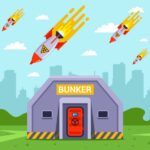 Bunker with missiles flying overhead near city skyline