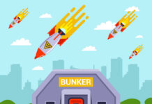 Bunker with missiles flying overhead near city skyline