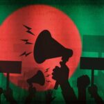 Protesters with megaphones and signs on Bangladesh flag