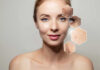 Woman with highlighted skin imperfections on her face.