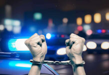 Handcuffed hands raisedpolice cars with lights on