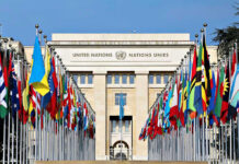 United Nations building with numerous national flags outside