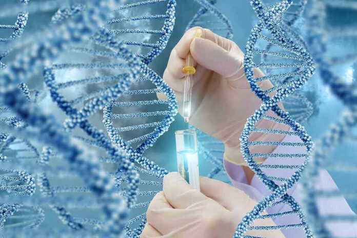 653790793 Hands with pipette and test tube surrounded by DNA strands