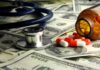 Stethoscope and prescription pills on a background of dollar bills