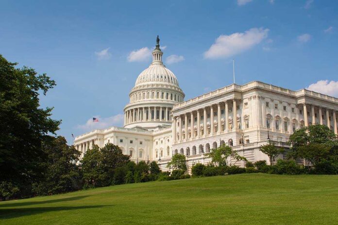The US Capitol building surrounded by green grass and trees under a blue sky