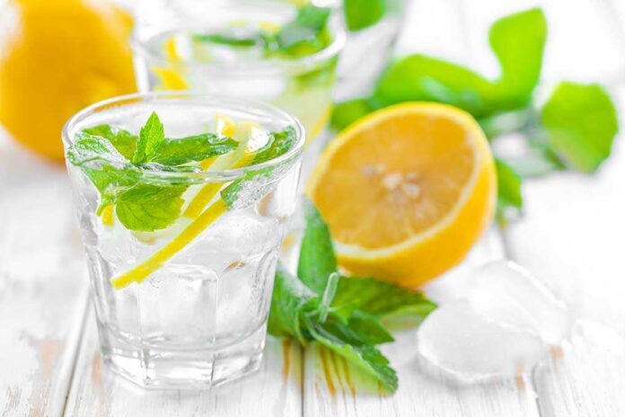 A refreshing drink with lemon slices and mint leaves in a clear glass