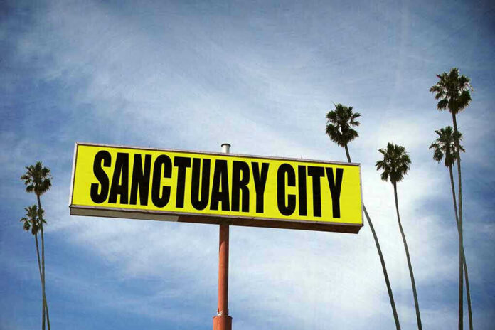 Sanctuary City sign with palm trees and sky.