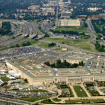 Aerial view of the Pentagon building and surrounding area.
