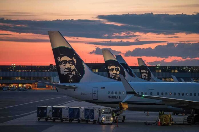 shutterstock_1502611499 (1).jpg Airplanes with Alaska Airlines branding at sunset