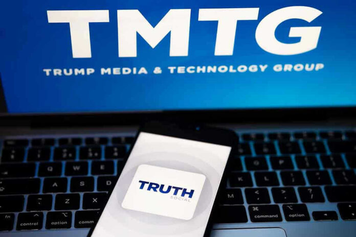 TMTG and Truth Social logos on screen and phone.
