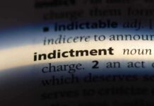Close-up of a dictionary page showing the word 'indictment' and its definition