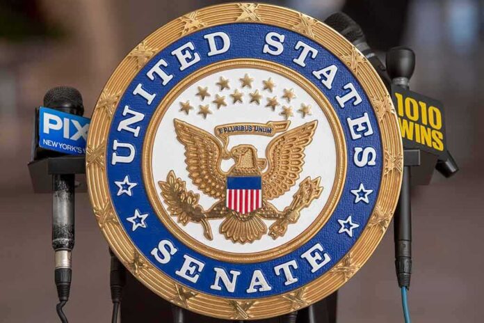 Official seal of the United States Senate with microphones in the background