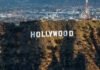The Hollywood sign on a hillside.