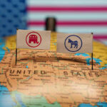Trump FREEZES $10 Billion From Woke States Republican and Democratic flags on USA map background.