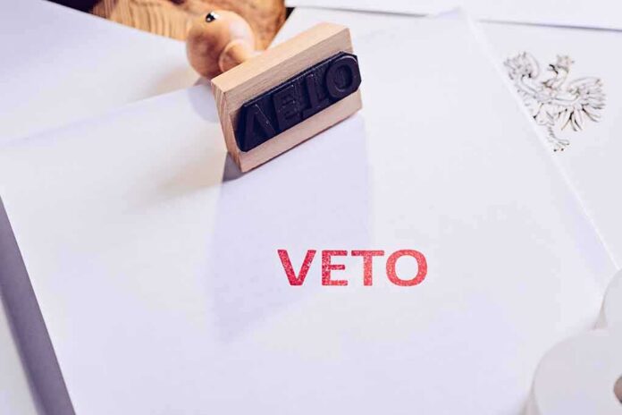 A stamp with the word 'VETO' in red ink on a white document