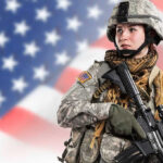 Soldier in uniform with USA flag background.