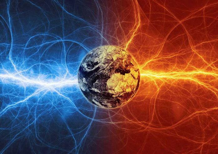 Earth with blue and red electric energy surrounding.