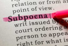 Highlighted definition of 'subpoena' in a dictionary