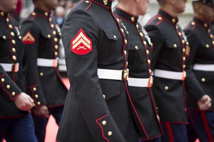 Marines in formal uniforms marching in a parade
