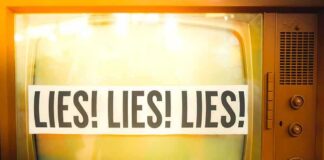 A vintage television displaying the repeated phrase 'LIES LIES LIES'