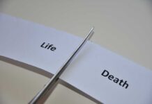 Scissors cutting a paper strip labeled 'Life' and 'Death'