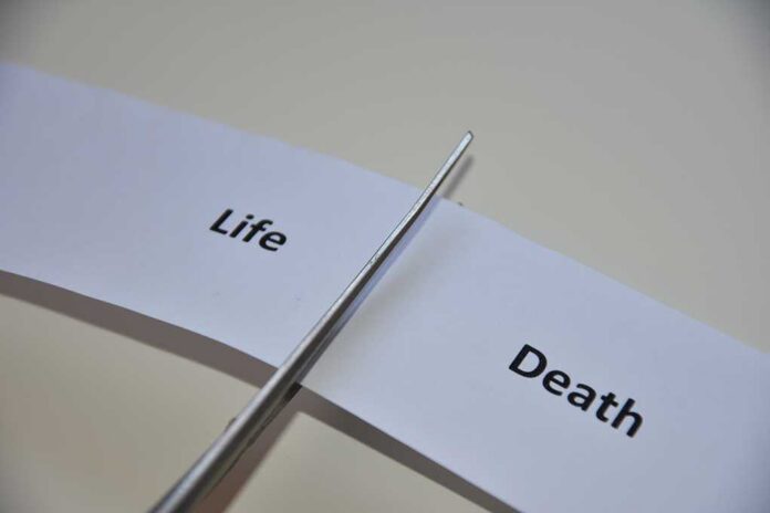 Scissors cutting a paper strip labeled 'Life' and 'Death'