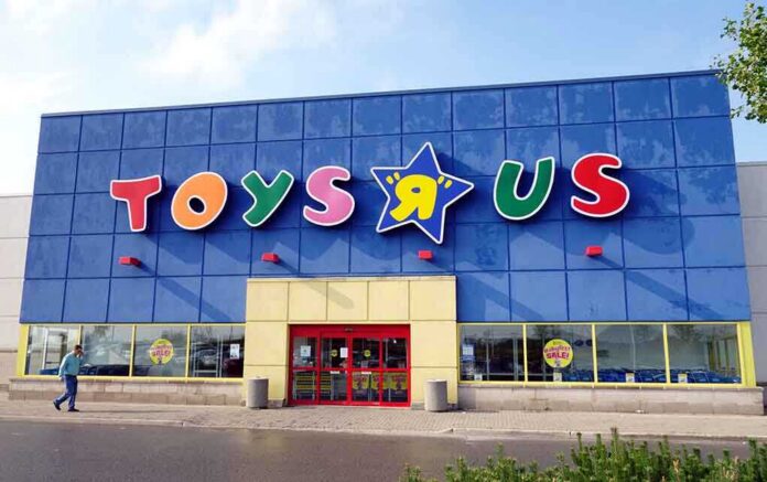 Exterior view of a Toys R Us store with colorful signage