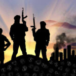 Terror Label SLAMS Brazil’s Cartels Three armed silhouettes near a smoky city skyline.