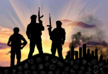 Terror Label SLAMS Brazil’s Cartels Three armed silhouettes near a smoky city skyline.