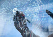 Congress Blocks Chinese Government Robots Hand drawing artificial intelligence digital circuit board.
