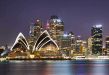 Australia Targets High-Risk Crypto Cash Channels Sydney Opera House at night with city skyline.