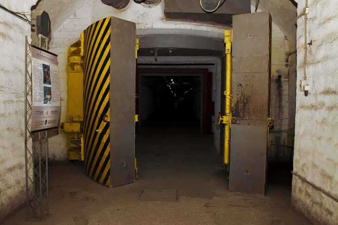 shutterstock_161332259 Entrance to an underground bunker with large heavy doors and a sign