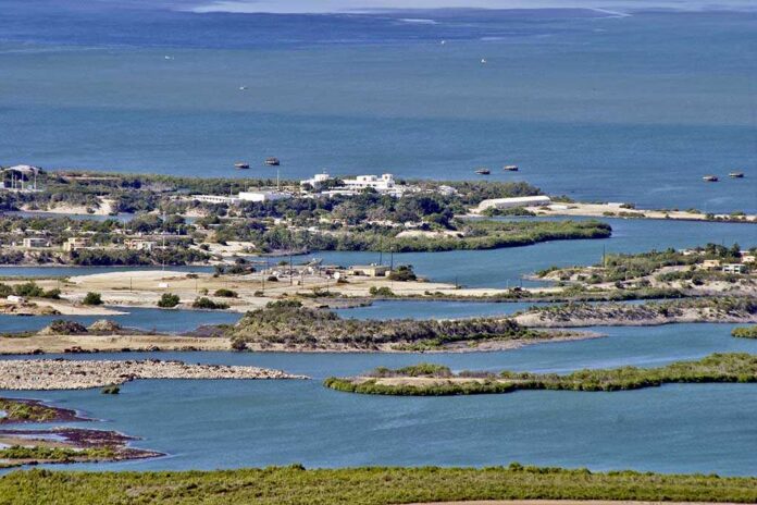 Aerial view of a coastal landscape featuring waterways and islands