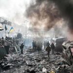 Patriot Panic: Zelenskyy Presses Washington A chaotic protest scene with smoke, fire, and people holding flags