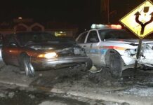 Fatal Hit-And-Run—No License, Big Questions A damaged car and a police vehicle involved in a nighttime accident