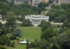 White House south lawn with fountain and surrounding trees