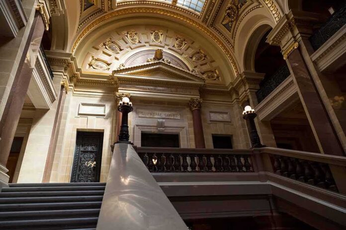 shutterstock_1306294399 Grand courthouse interior with domed ceiling and staircase