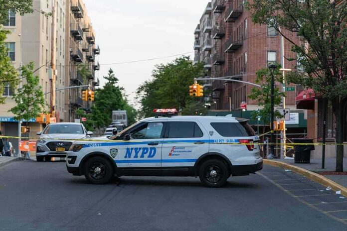 shutterstock_1976471618 NYPD police SUV blocking a city street at a taped-off scene
