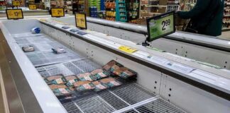 supermarket freezer with mostly empty shelves and a few meat packages