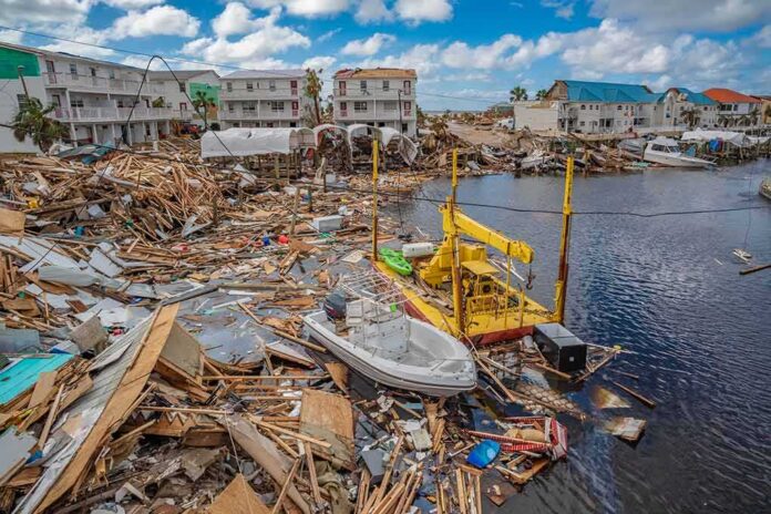 Coastal town marina destroyed by storm with debris and damaged boats
