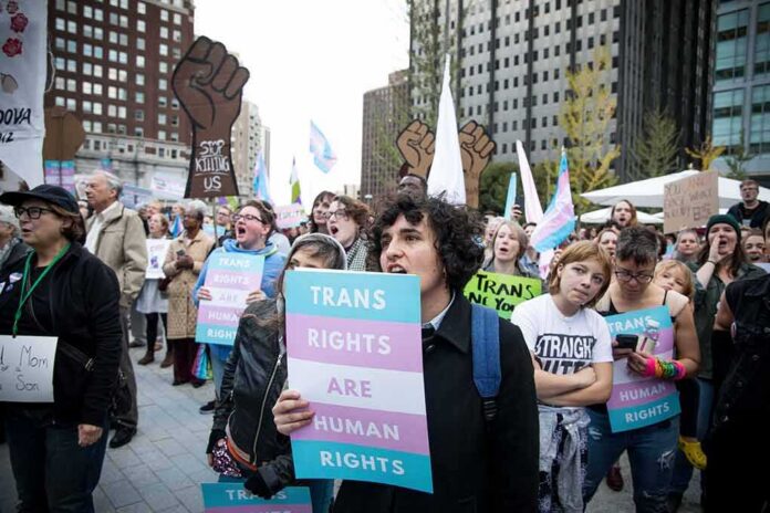 shutterstock_1235860834 Crowd of protesters holding trans rights signs at a city rally