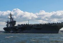 Aircraft carrier at sea with fighter jets on deck