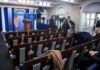White House press briefing room with empty seats and cameras